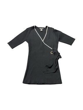 Select + Trend Ribbed Wrap Sweater Top Black Contrast Trim Tie Waist Women’s S